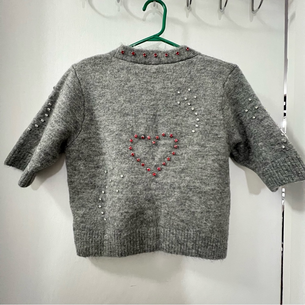 Zara Grey HEART BEADED KNIT CARDIGAN Size Large - Picture 9 of 9